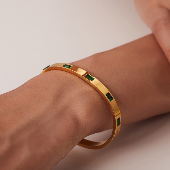 Jewelry - 18K Gold Plated Bangle Bracelet*Baguette Tennis*Emerald Cut*Green Birthstone*JD